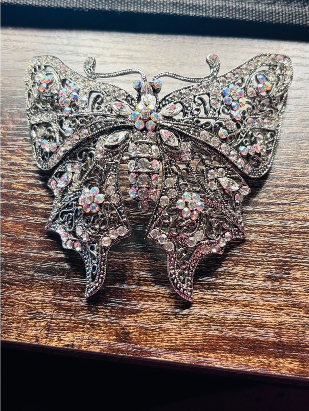 Silver Tone Rhinestone Austrian Crystal Barrette Large Butterfly